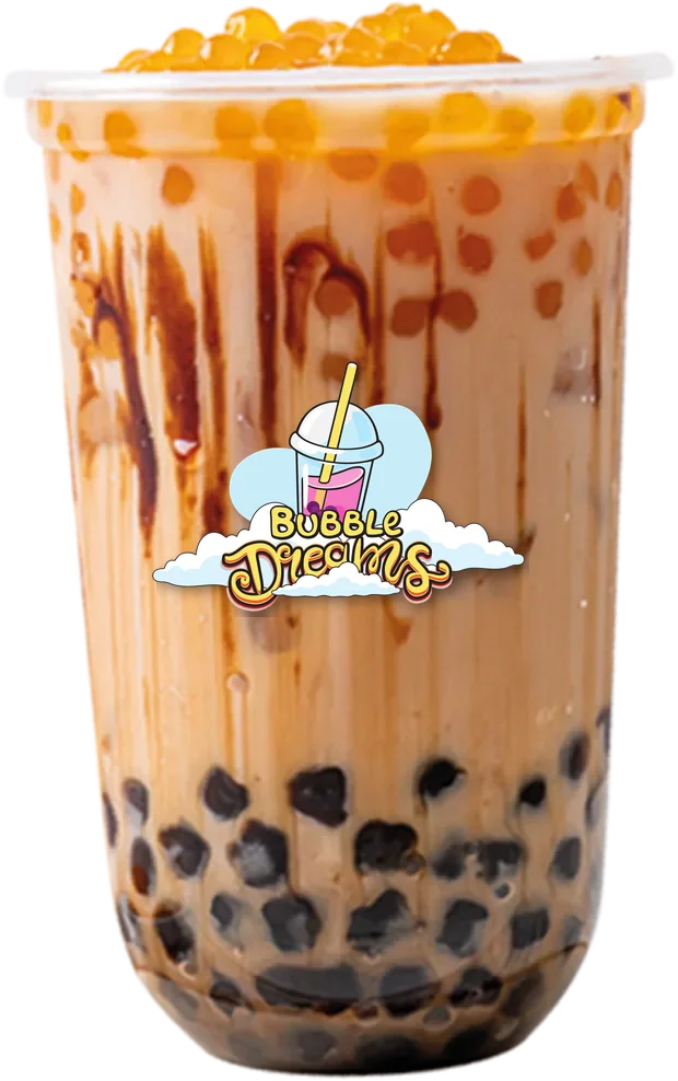 Bubble tea con leche coronado de perlas de fruta